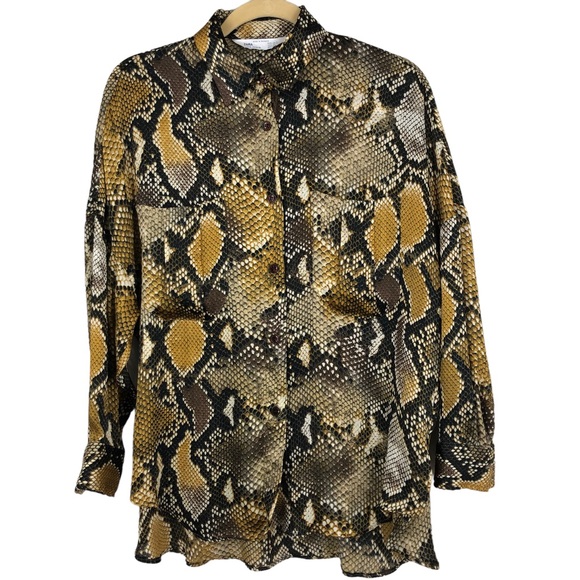Zara Python Snake Print Button Up Tunic Blouse Top, Silky Lightweight, Pockets S - Picture 1 of 6